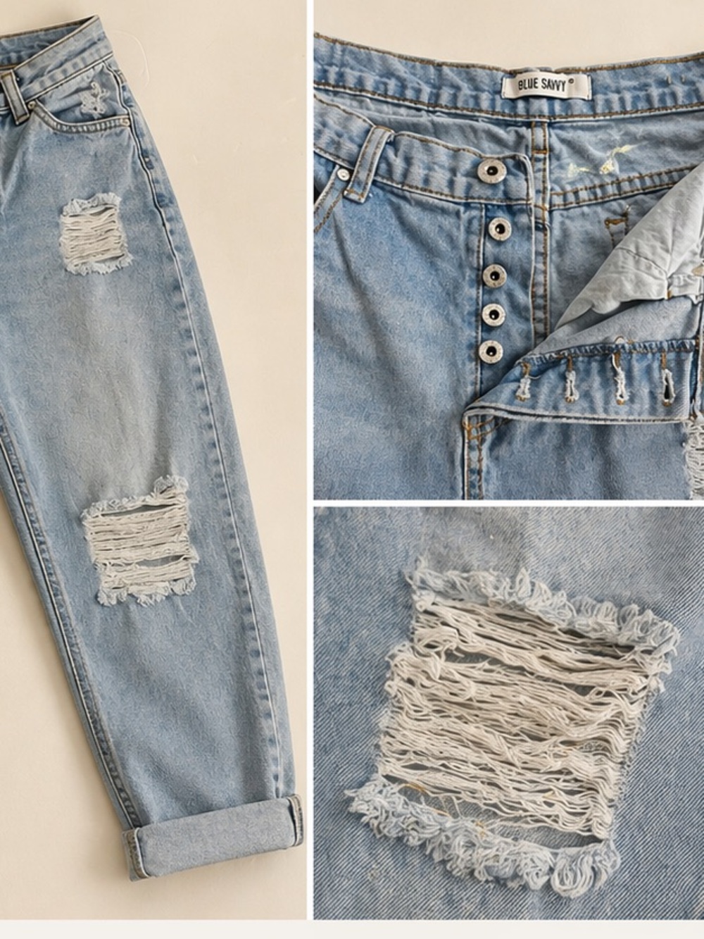 High-Waisted Distressed Mom Jeans - Light Wash Blue
